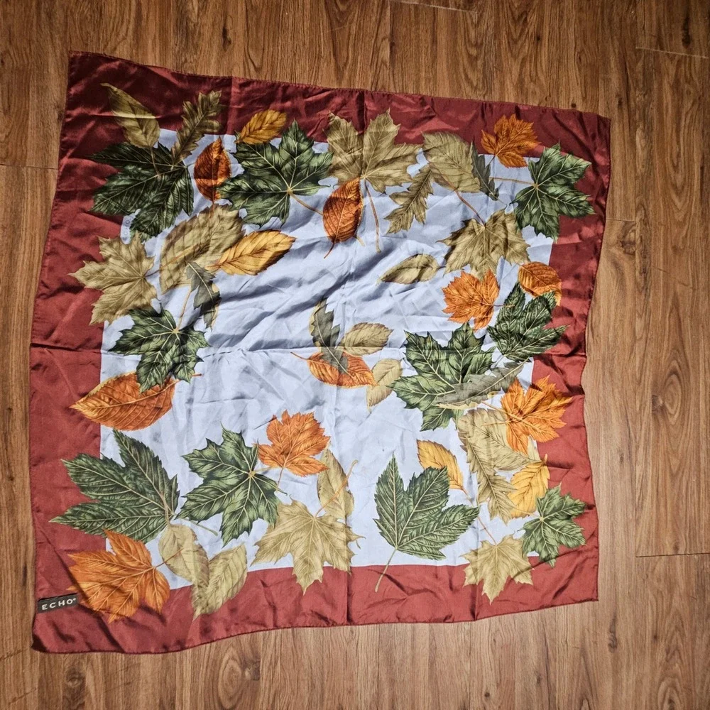 Echo Silk Square Scarf Autumn Leaves Foliage Botanical Print 35x35 Cottagecore